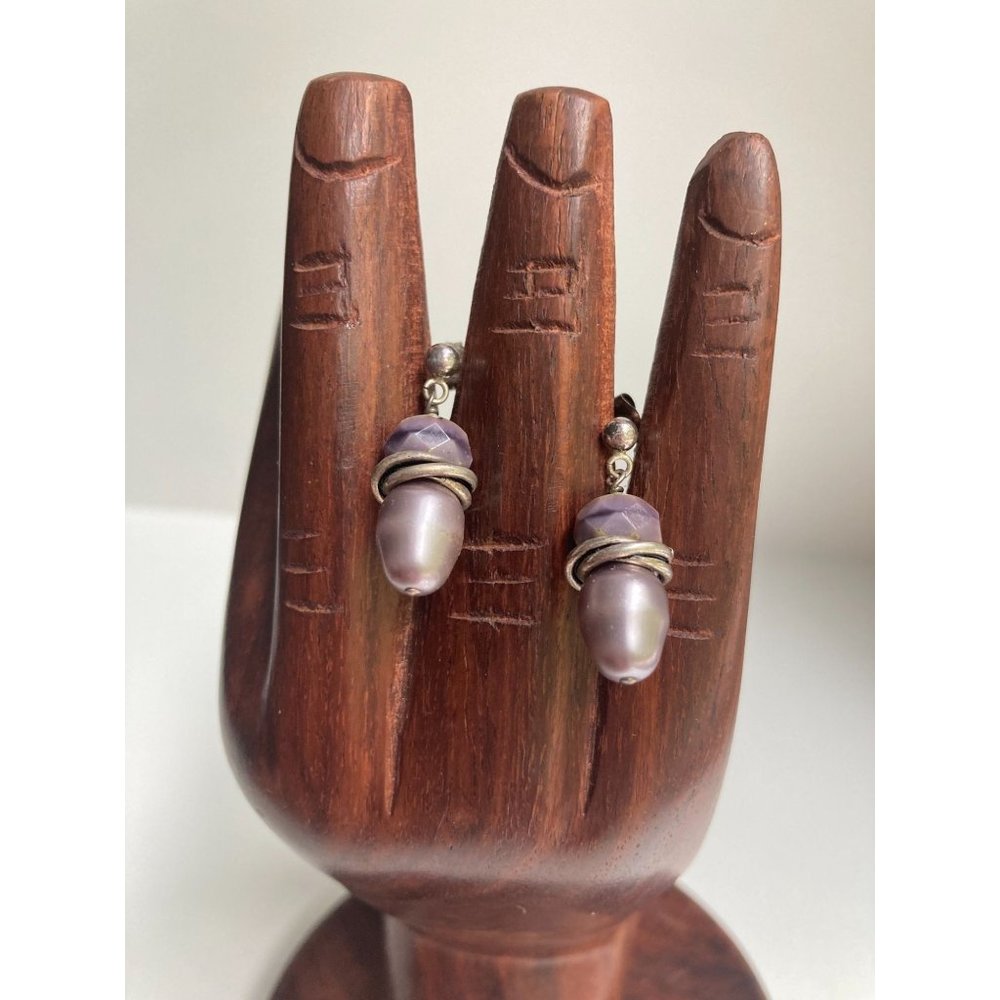 Beautiful Sterling Silver Pearl and Cut Faceted Agate Stone Dangle Drop Earrings